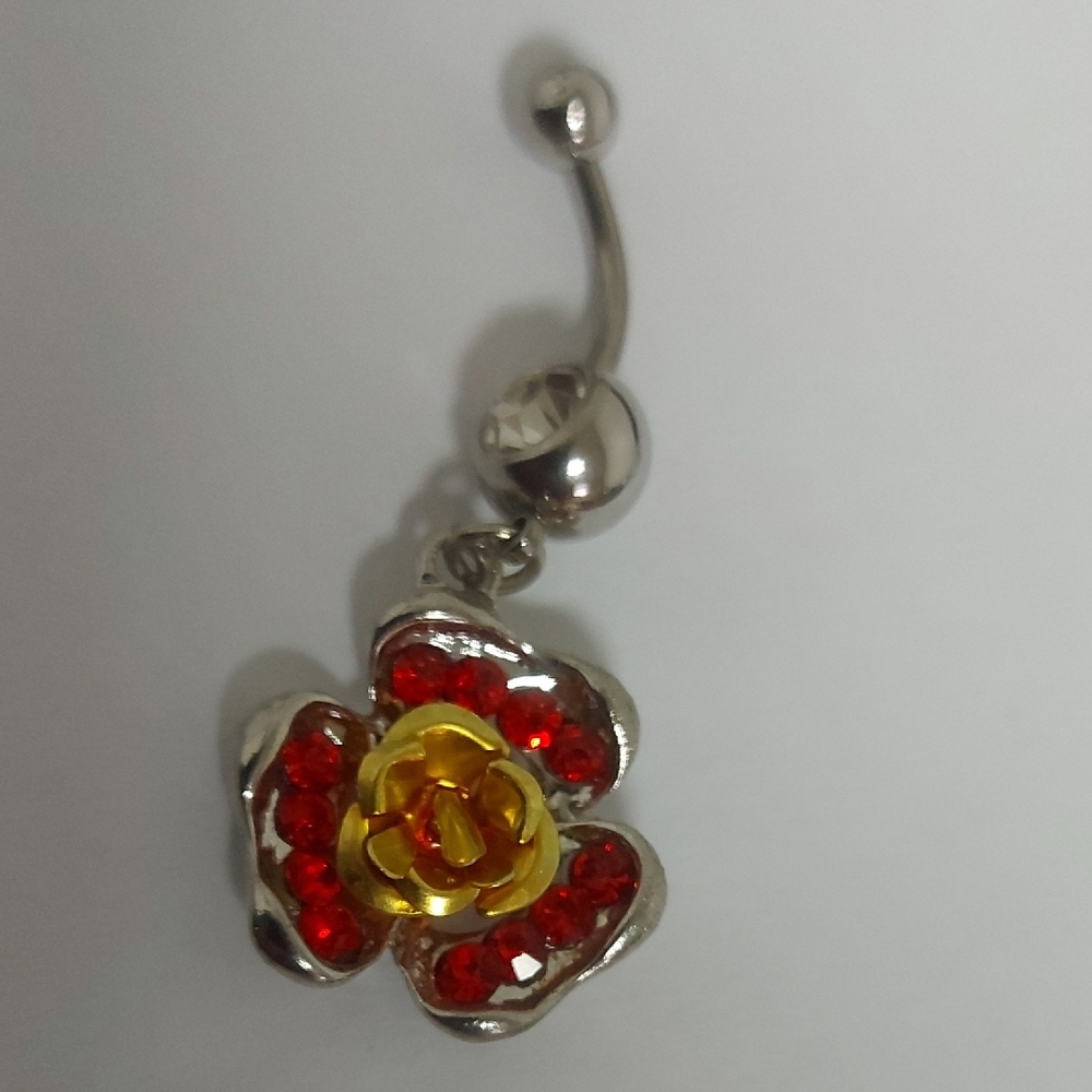 New Elegant Silver and Red Floral Belly Ring